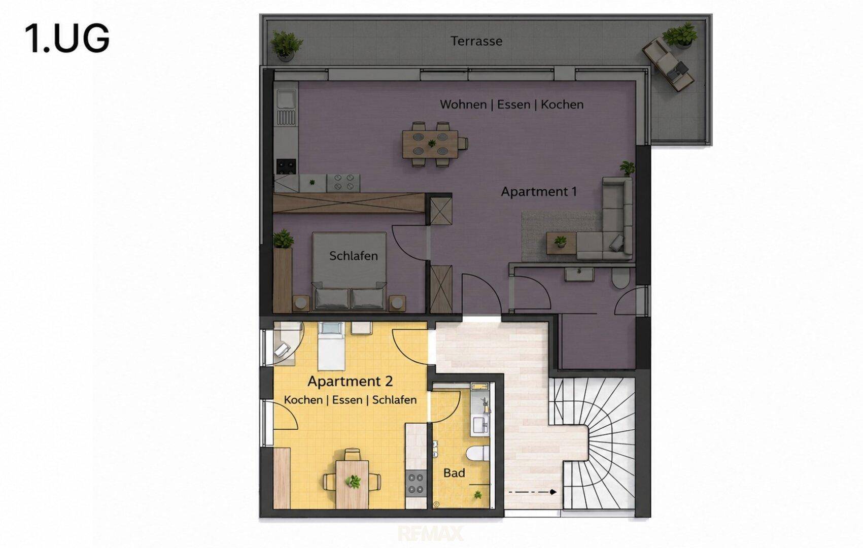 Grundriss des ersten Obergeschosses mit zwei Apartments, Terrasse und Treppenhaus.
