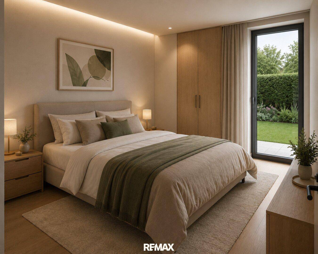 Helles Schlafzimmer mit modernem Bett, Holzschrank und direktem Zugang zum grünen Garten.