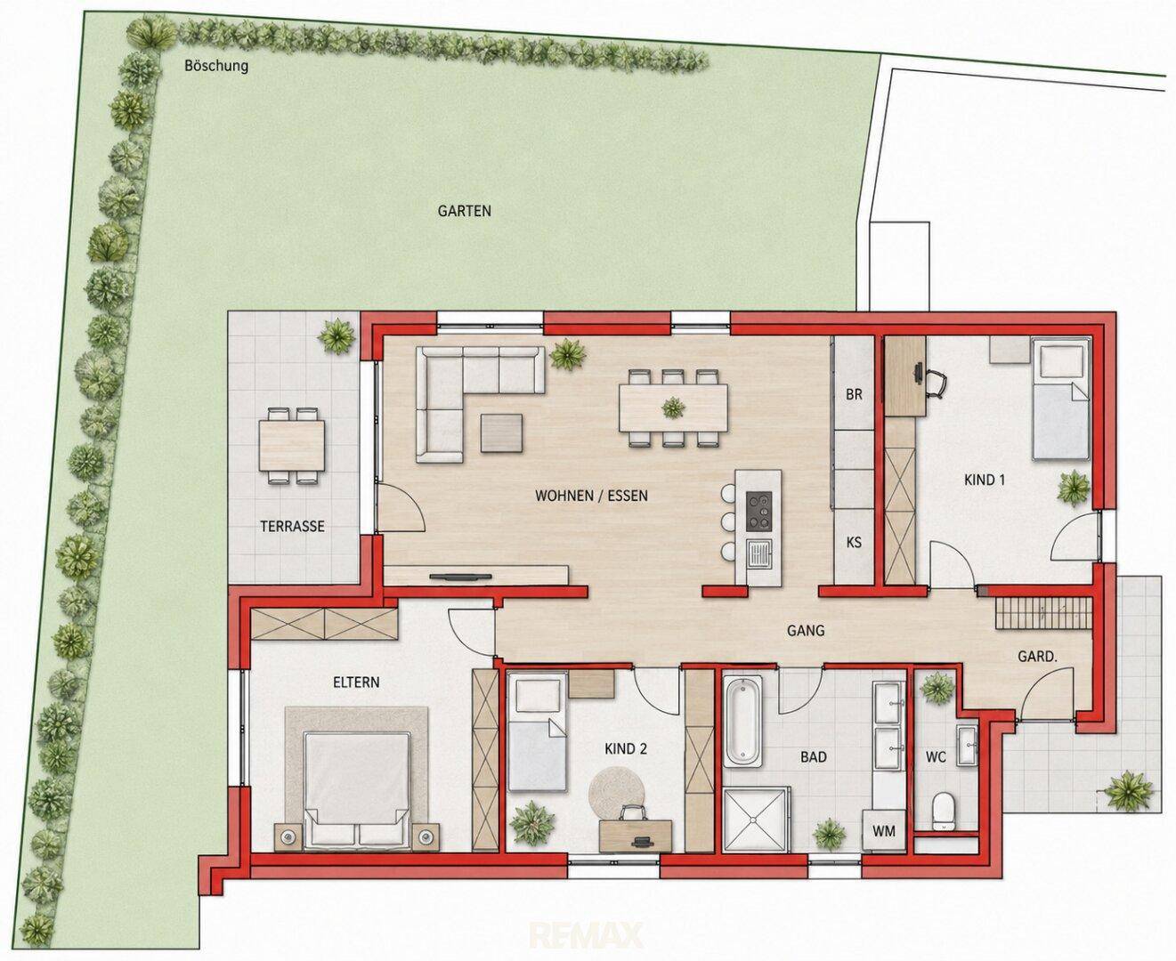 Detaillierter Grundriss mit offenem Wohn-Essbereich, zwei Schlafzimmern und großer Terrasse.
