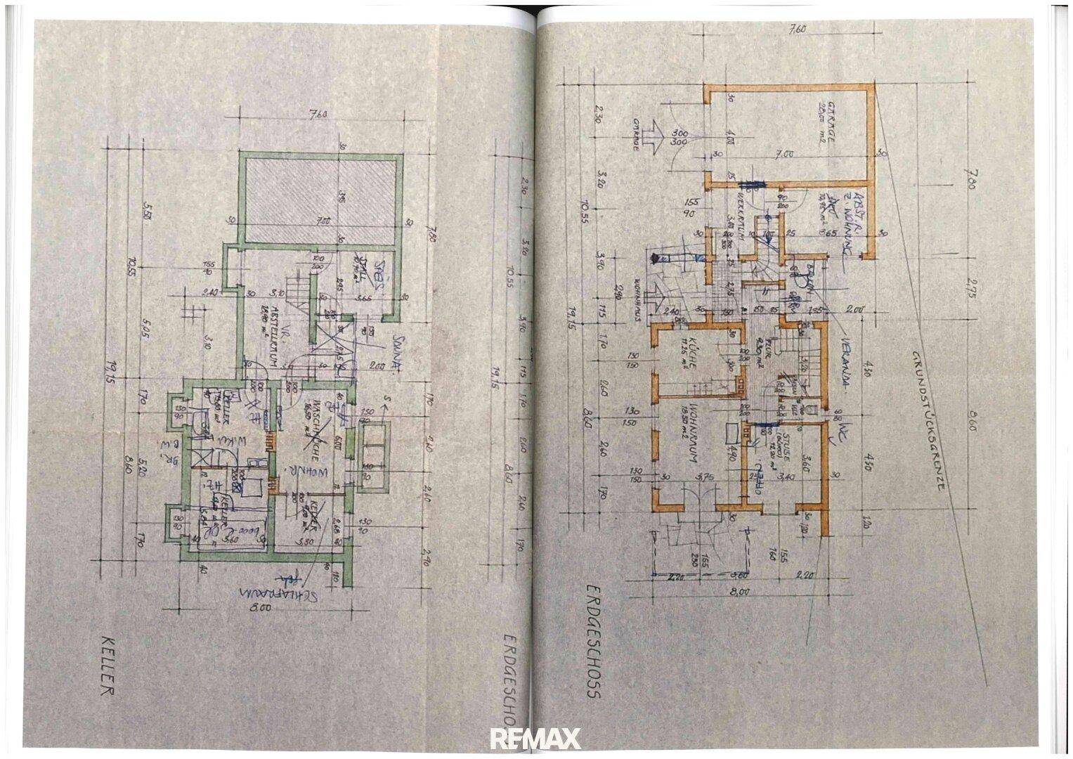 Detaillierte Grundrisse des Kellers und Erdgeschosses mit Bemaßungen und Raumaufteilung.