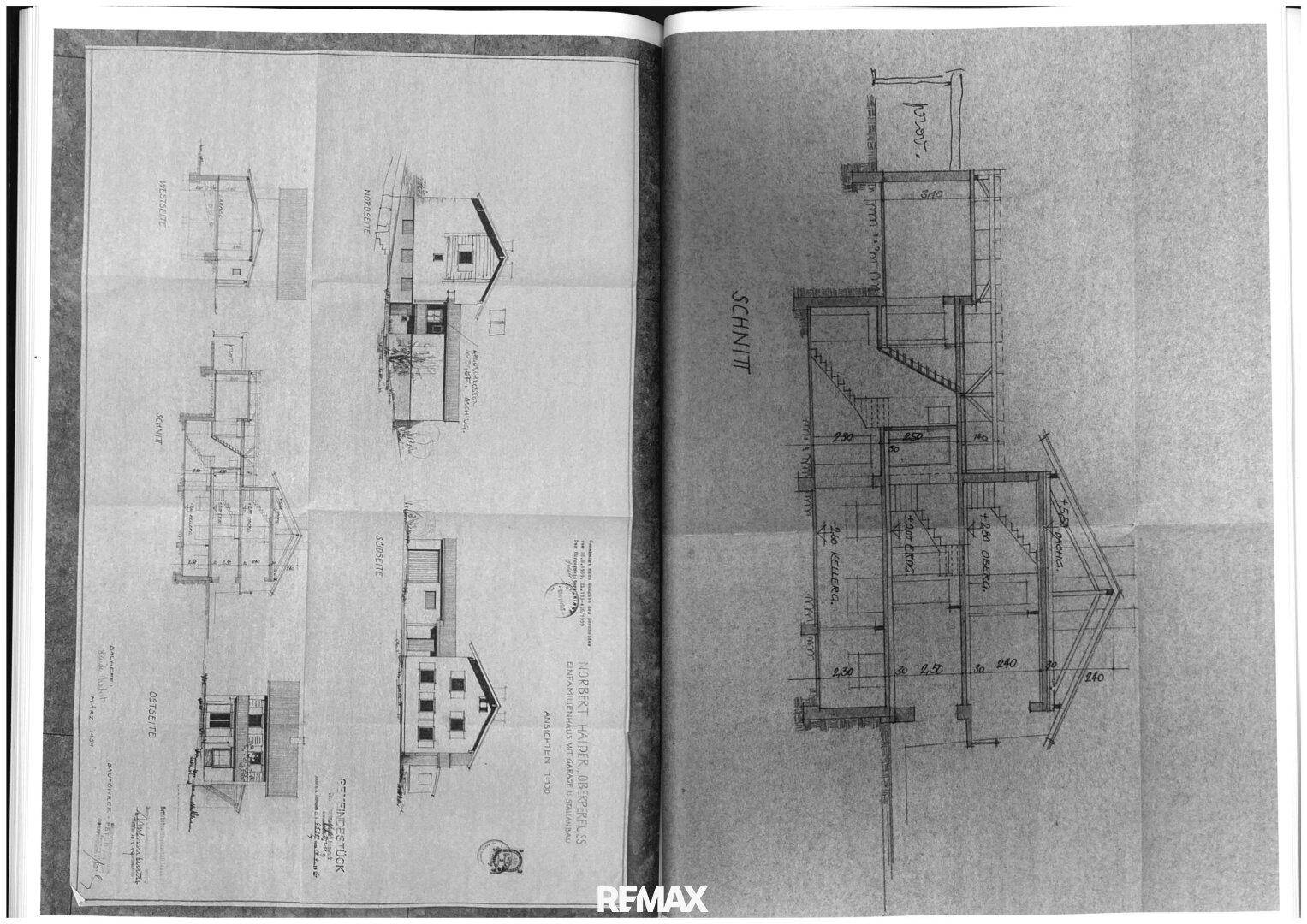 Architektonische Schnitte und Ansichten des Gebäudes, die die Struktur und Dachform zeigen.