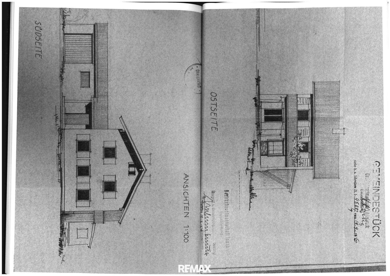 Ansichten der Süd- und Ostseite des Gebäudes mit Fenster- und Türpositionen.