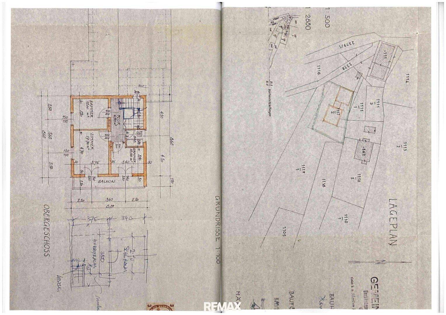 Grundriss des Obergeschosses und Lageplan des Grundstücks mit angrenzenden Parzellen.