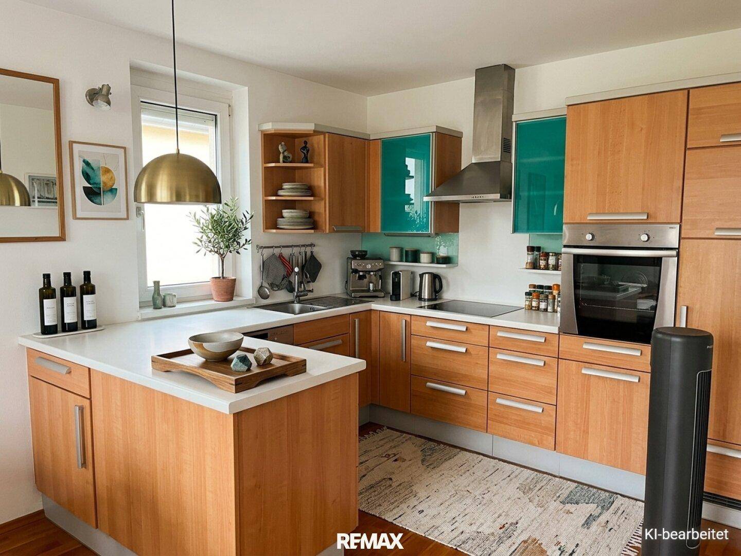 Moderne Einbauküche mit Holzfronten, türkisen Akzenten, Kücheninsel und hochwertigen Geräten.
