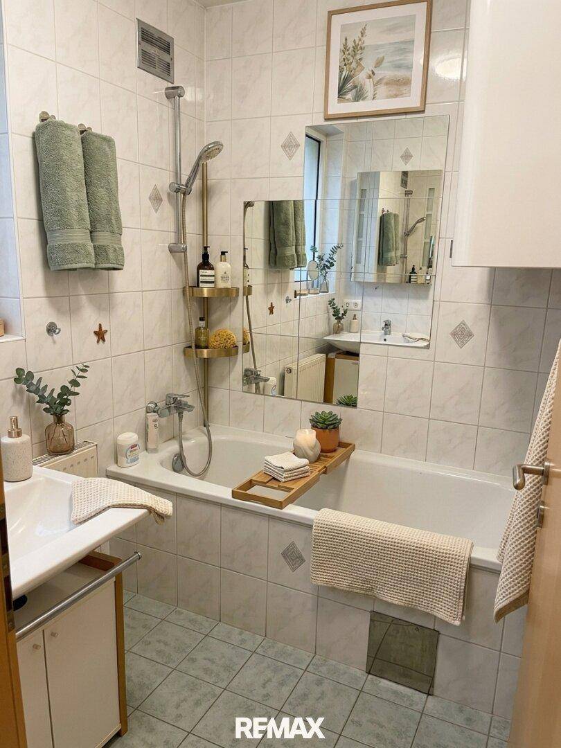 Badezimmer mit Badewanne, integrierter Dusche, Fliesenboden und Spiegelschrank.