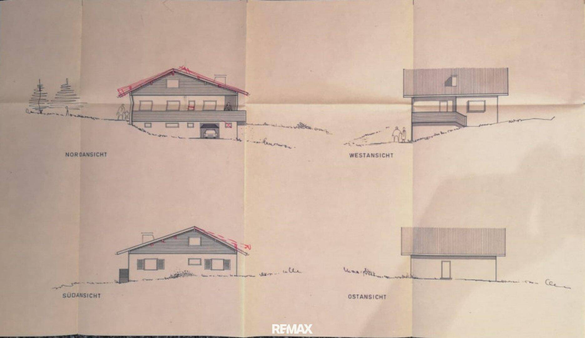 Architektonische Ansichten des Hauses von allen vier Seiten, inklusive Dachform und Fensterplatzierung.