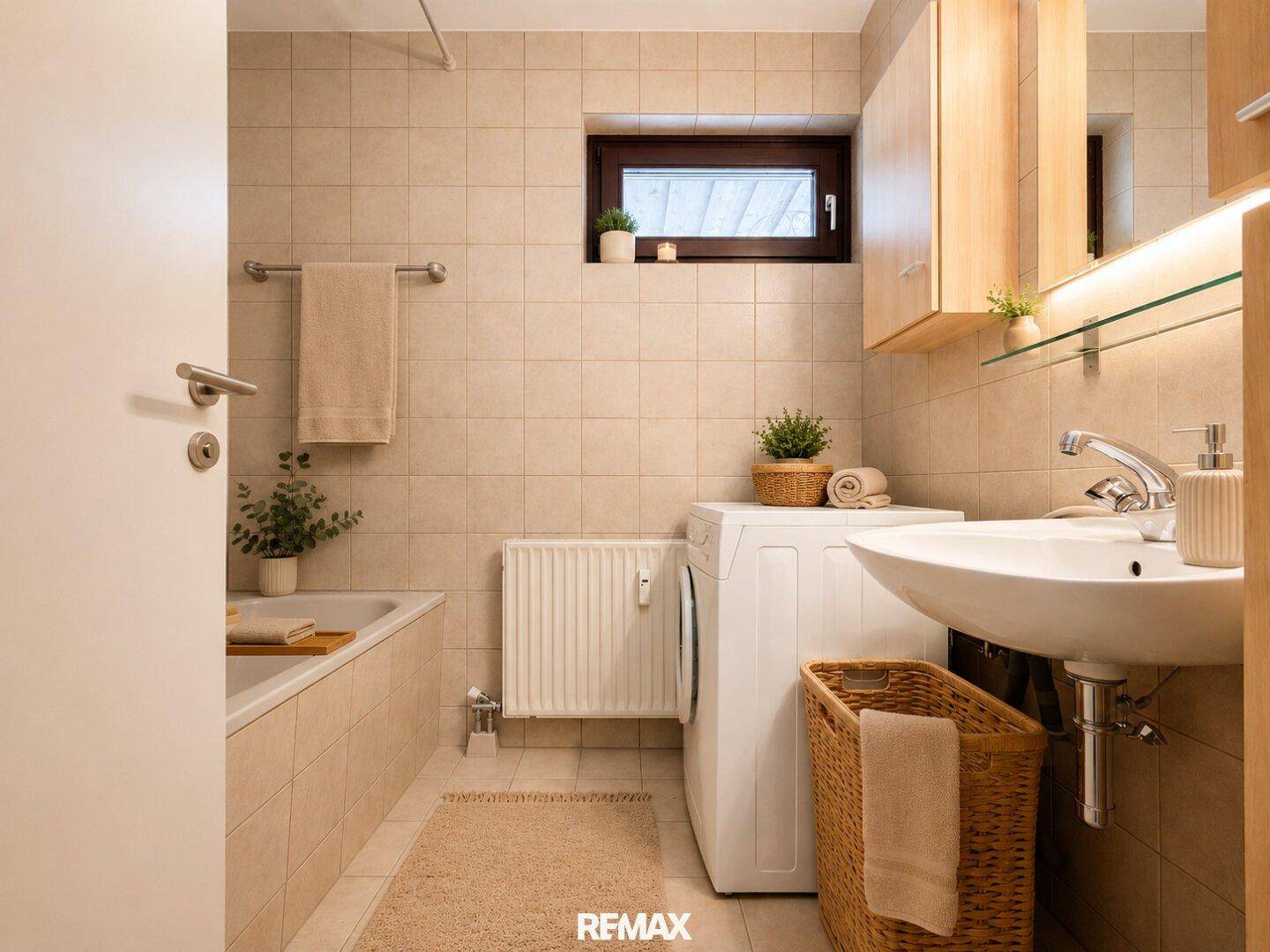 Helles Badezimmer mit Badewanne, Waschbecken, Waschmaschine und beigefarbenen Fliesen.