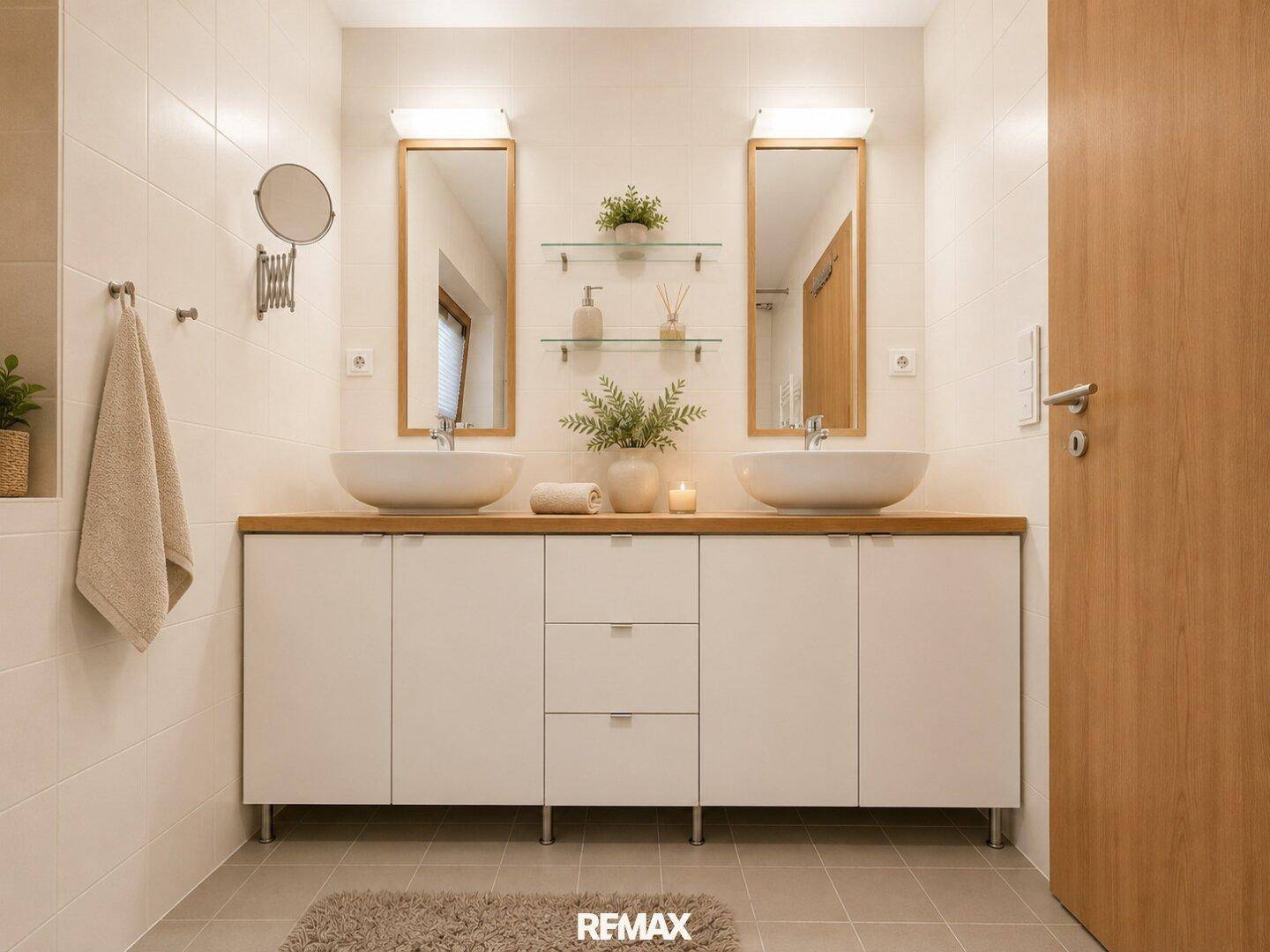 Modernes Badezimmer mit Doppelwaschbecken, Holz-Waschtisch und hellen Fliesen.