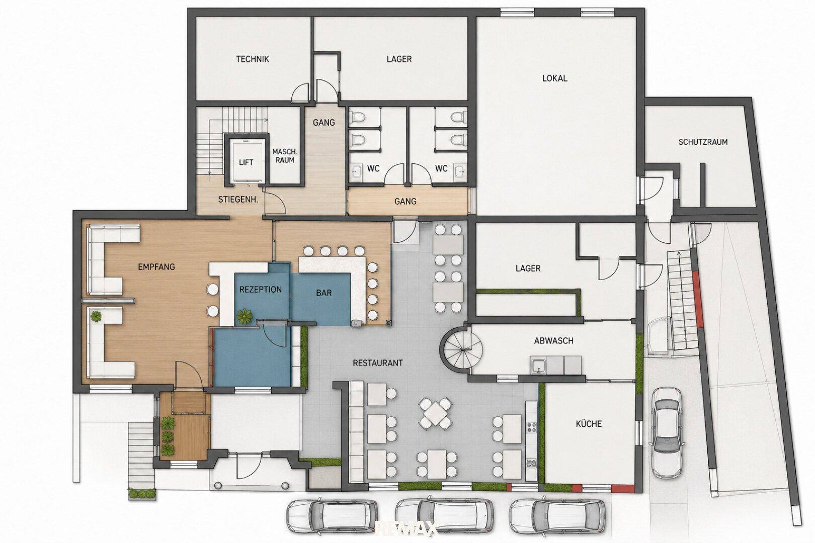 Grundriss des Erdgeschosses mit Rezeption, Bar, Restaurant, Küche und Lagerräumen.