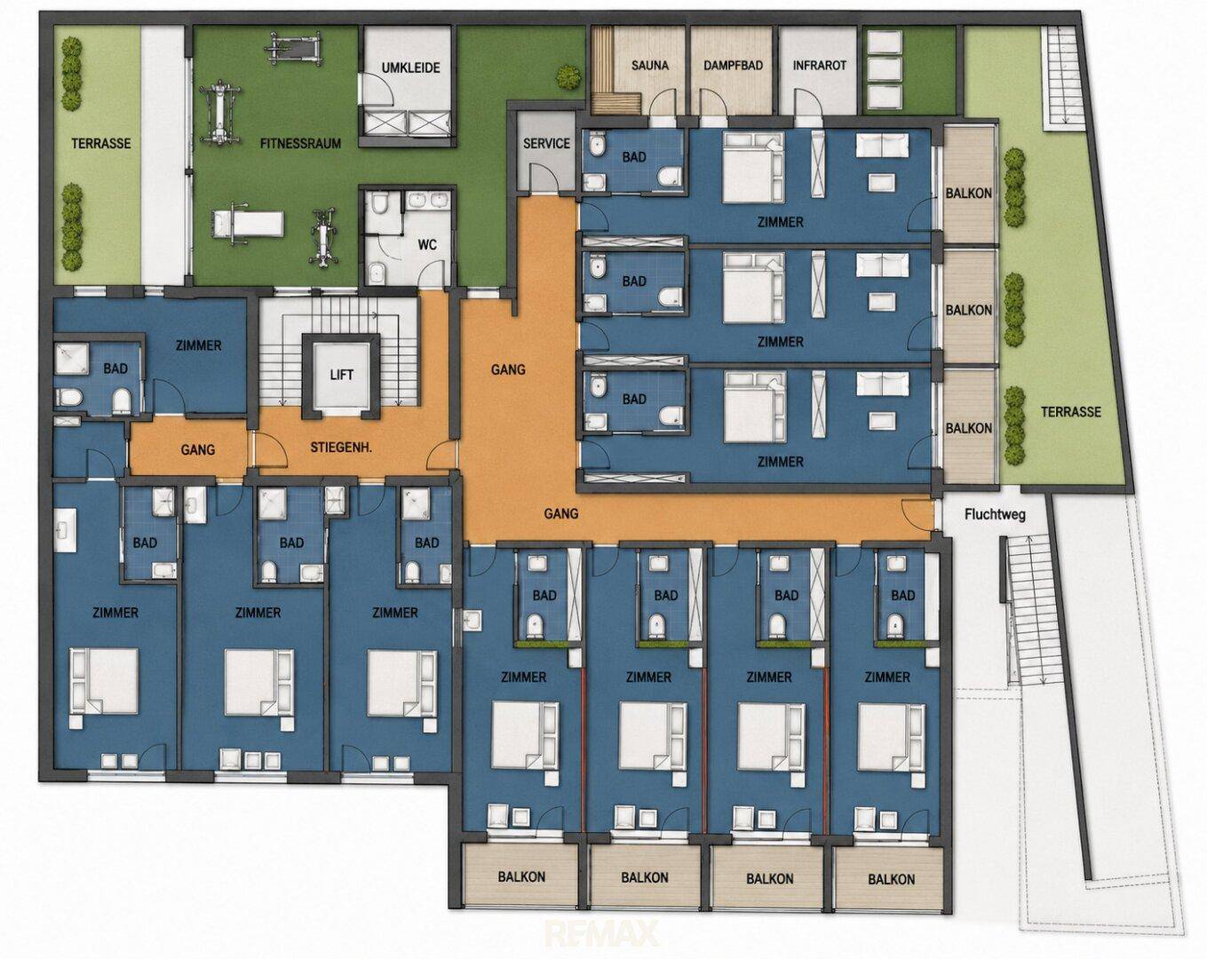 Grundriss eines Obergeschosses mit zahlreichen Zimmern, Bädern, Fitnessraum, Sauna und Terrassen.