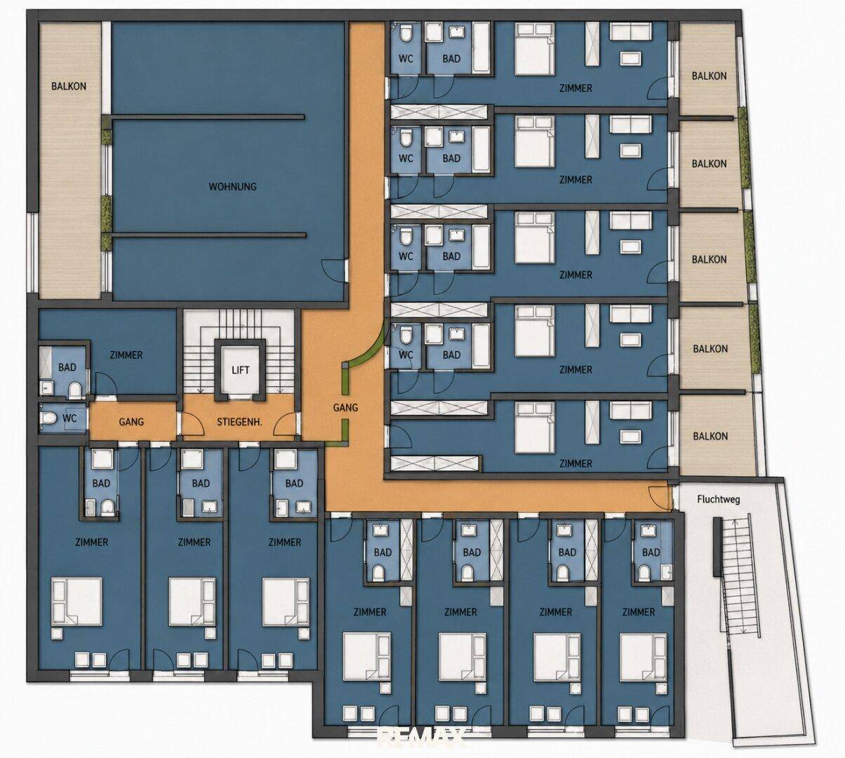 Grundriss eines Obergeschosses mit Wohnungen, Zimmern, Bädern und Balkonen, erschlossen durch einen Gang.