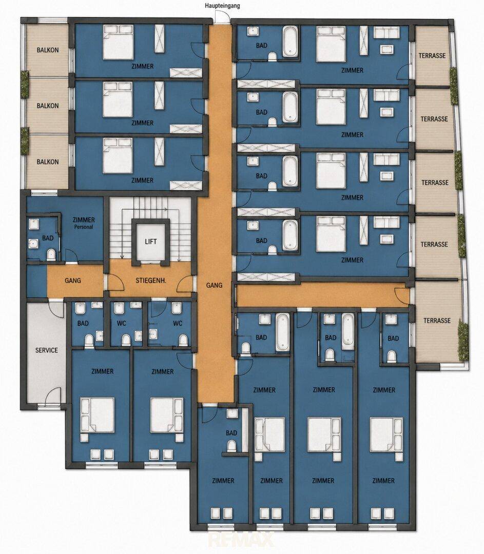 Grundriss eines Obergeschosses mit Zimmern, Bädern, Terrassen und Balkonen, zugänglich über einen Hauptgang.