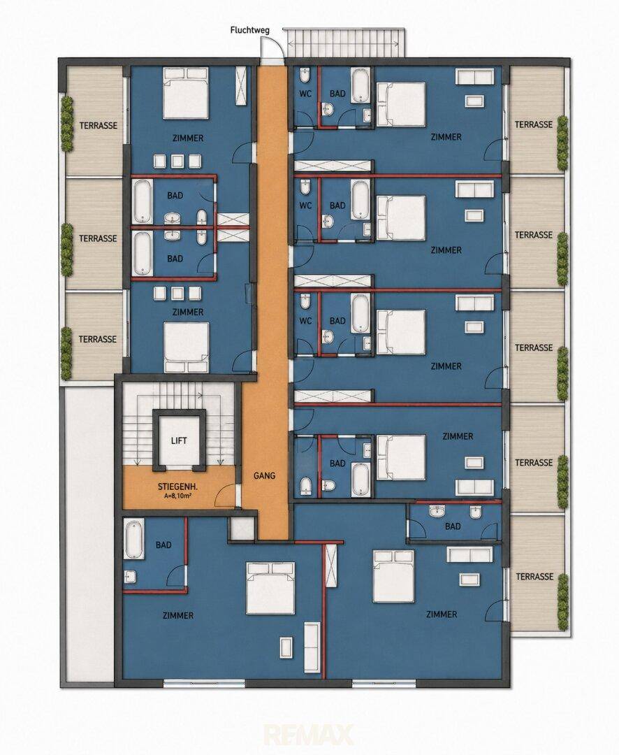 Grundriss eines Obergeschosses mit Zimmern, Bädern und Terrassen, zentraler Lift und Treppenhaus.