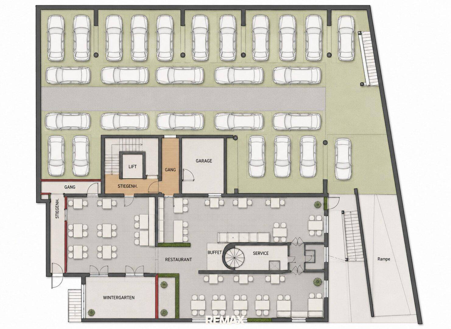 Grundriss des Untergeschosses mit Tiefgarage, Restaurant, Buffetbereich und Wintergarten.