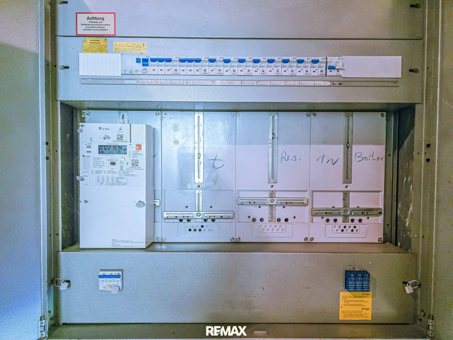 Elektrischer Sicherungskasten mit Zähler und verschiedenen Schaltern in einem Technikraum.