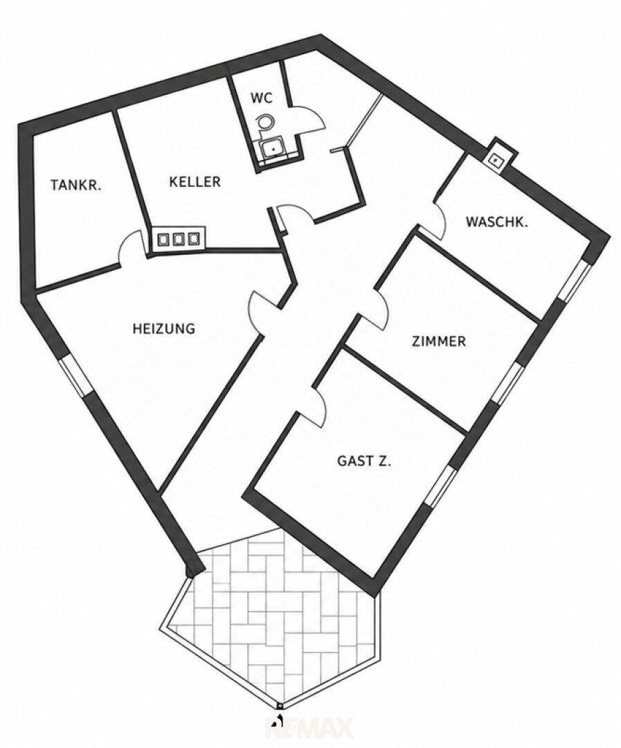 Grundriss des Untergeschosses mit Keller, Heizraum, Tankraum, Waschküche und Gästezimmern.
