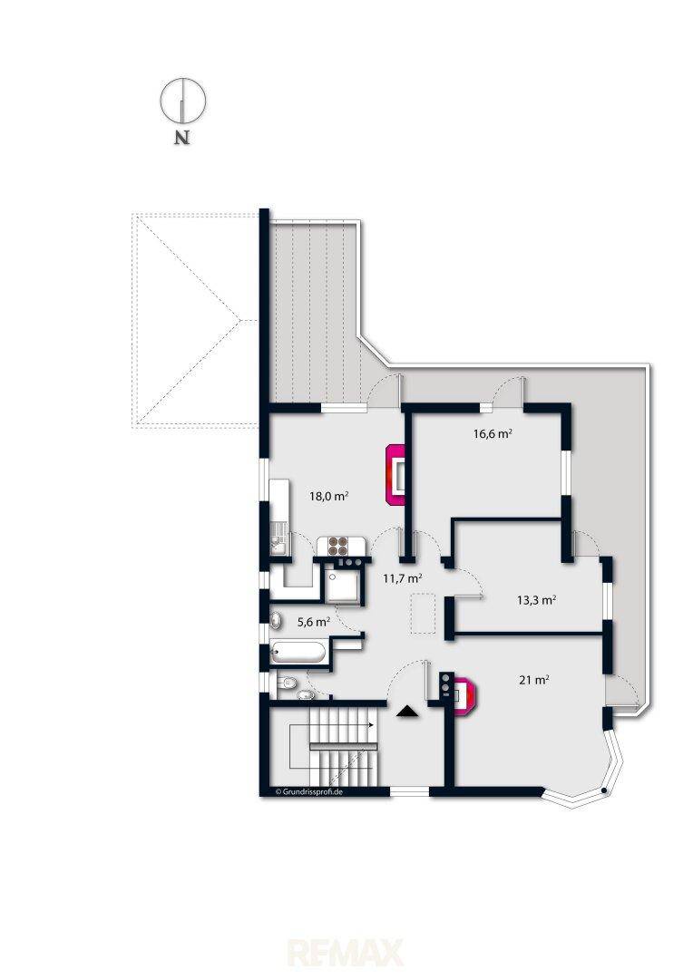 Grundriss des Obergeschosses mit Schlafzimmern und einem Badezimmer.