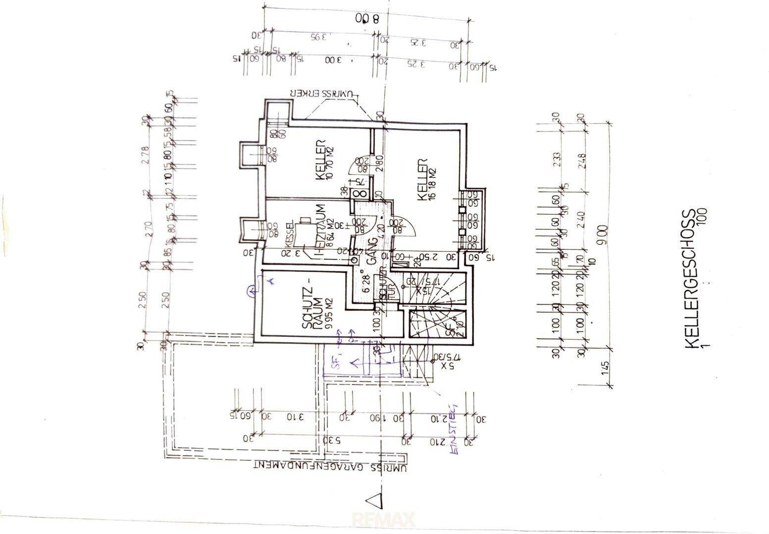 Grundriss des Kellergeschosses mit mehreren Kellerräumen und einem Schutzraum.