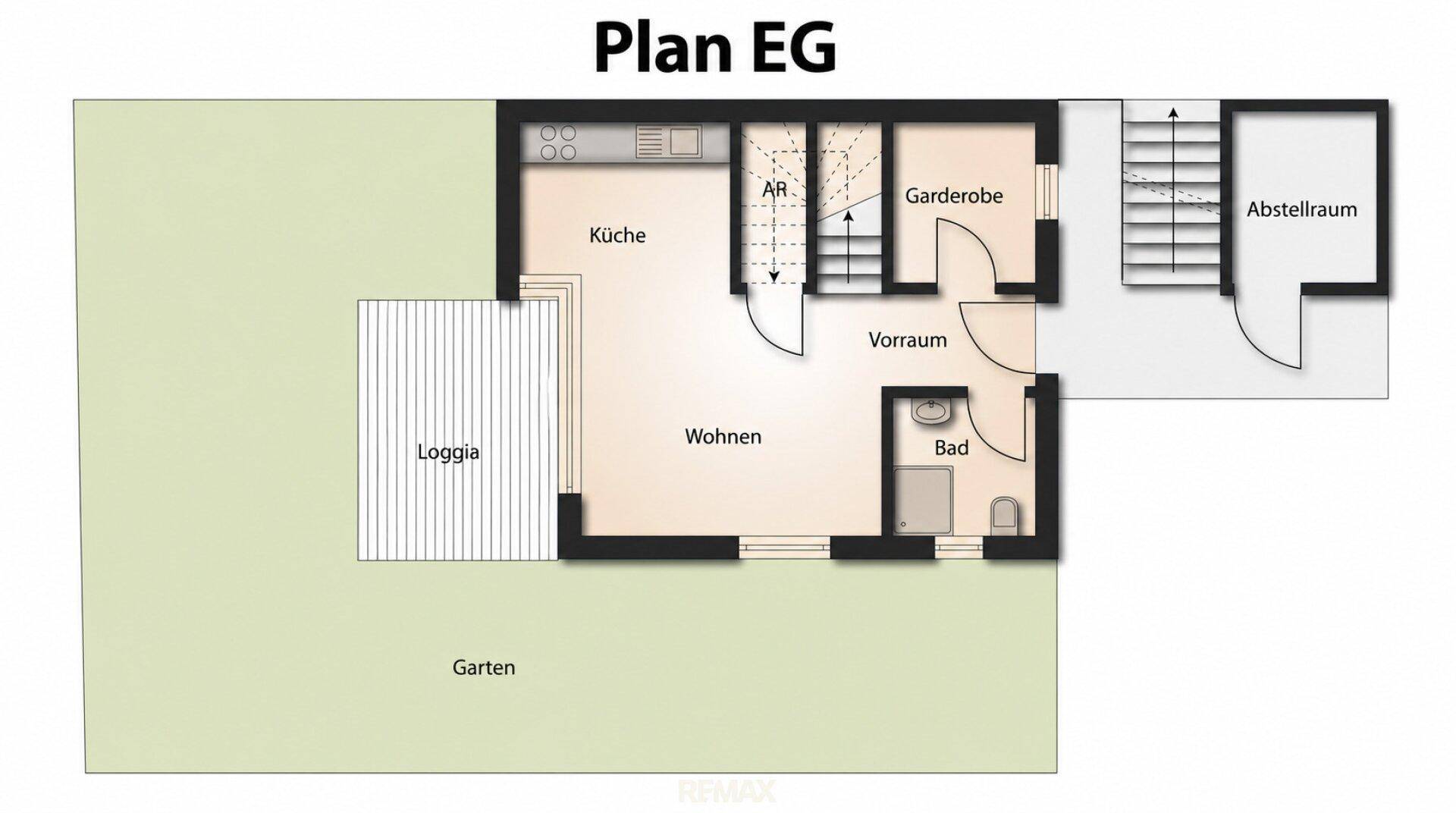 Grundriss des Erdgeschosses mit offener Küche, Wohnbereich, Loggia und Garten.
