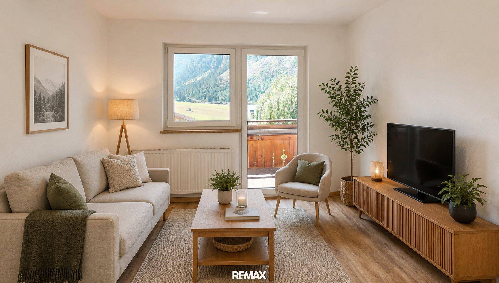 Gemütliches Wohnzimmer mit Sofa, Fernseher und Balkonzugang, der einen schönen Bergblick bietet.