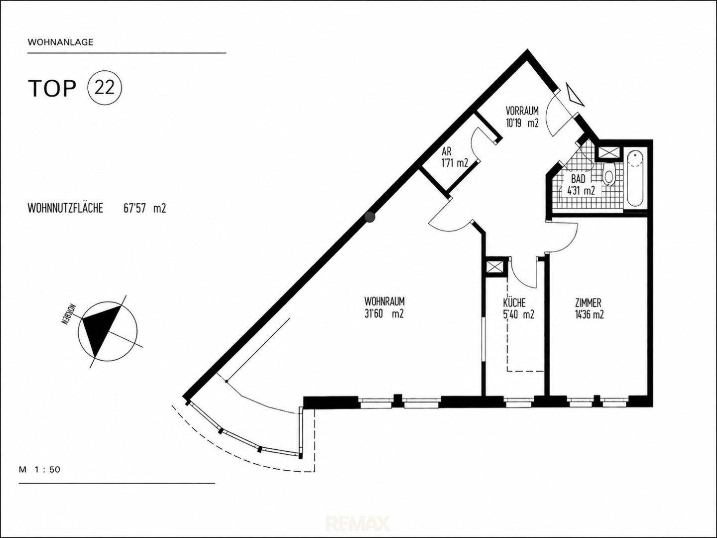 Grundriss der Wohnung Top 22 mit Wohnraum, Küche, Zimmer und Badezimmer, insgesamt 67,57 m².