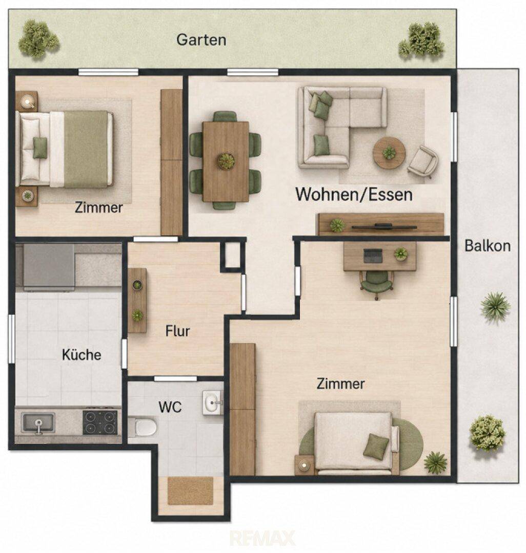 Detaillierter Grundriss einer Wohnung mit Garten, Balkon und offenem Wohn-Essbereich.