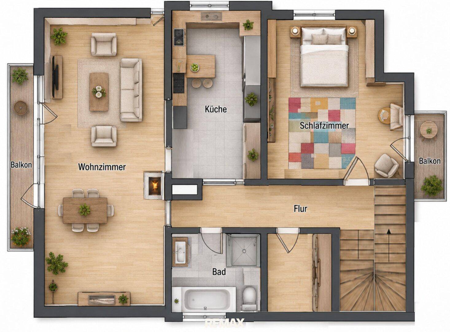 Grundriss der Wohnetage mit offenem Wohnzimmer, Küche, Schlafzimmer und zwei Balkonen.
