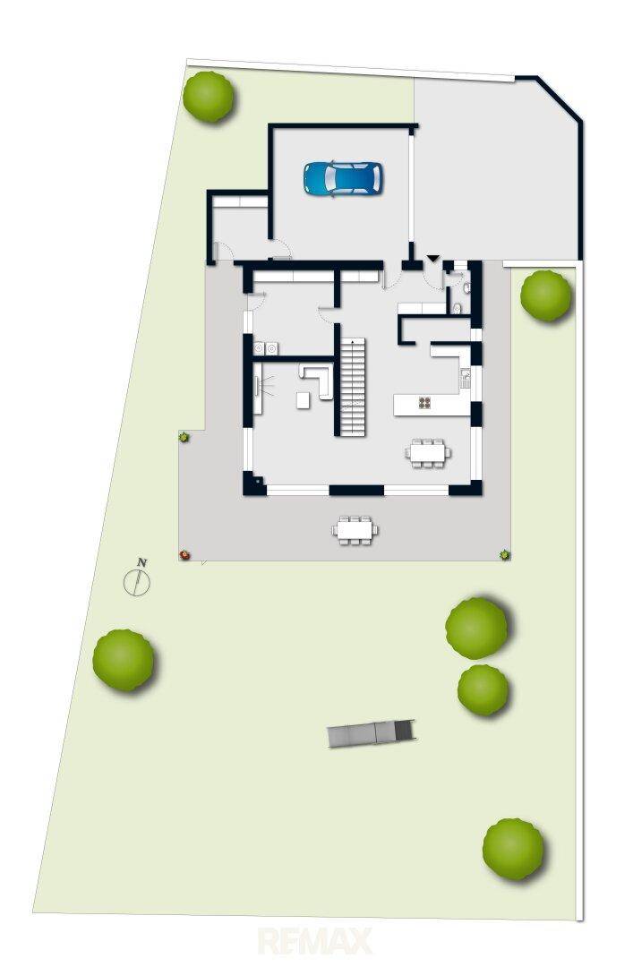 Grundriss des Erdgeschosses mit offener Küche, Essbereich und Zugang zum Garten.