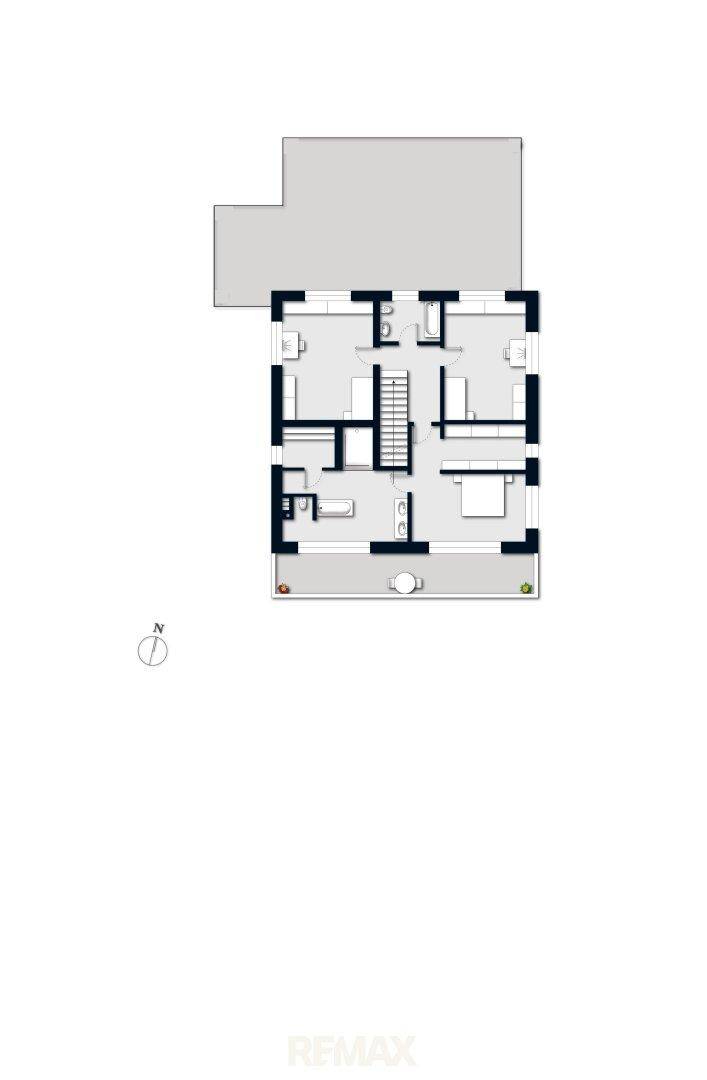 Grundriss des Obergeschosses mit Schlafzimmern, Bädern und Balkonzugang.