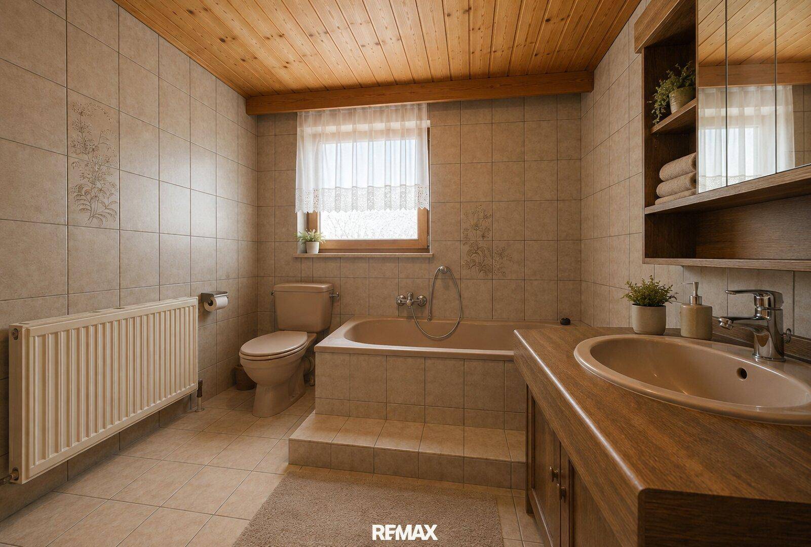 Geräumiges Badezimmer mit Badewanne, Toilette, Waschtisch und Holzdecke.