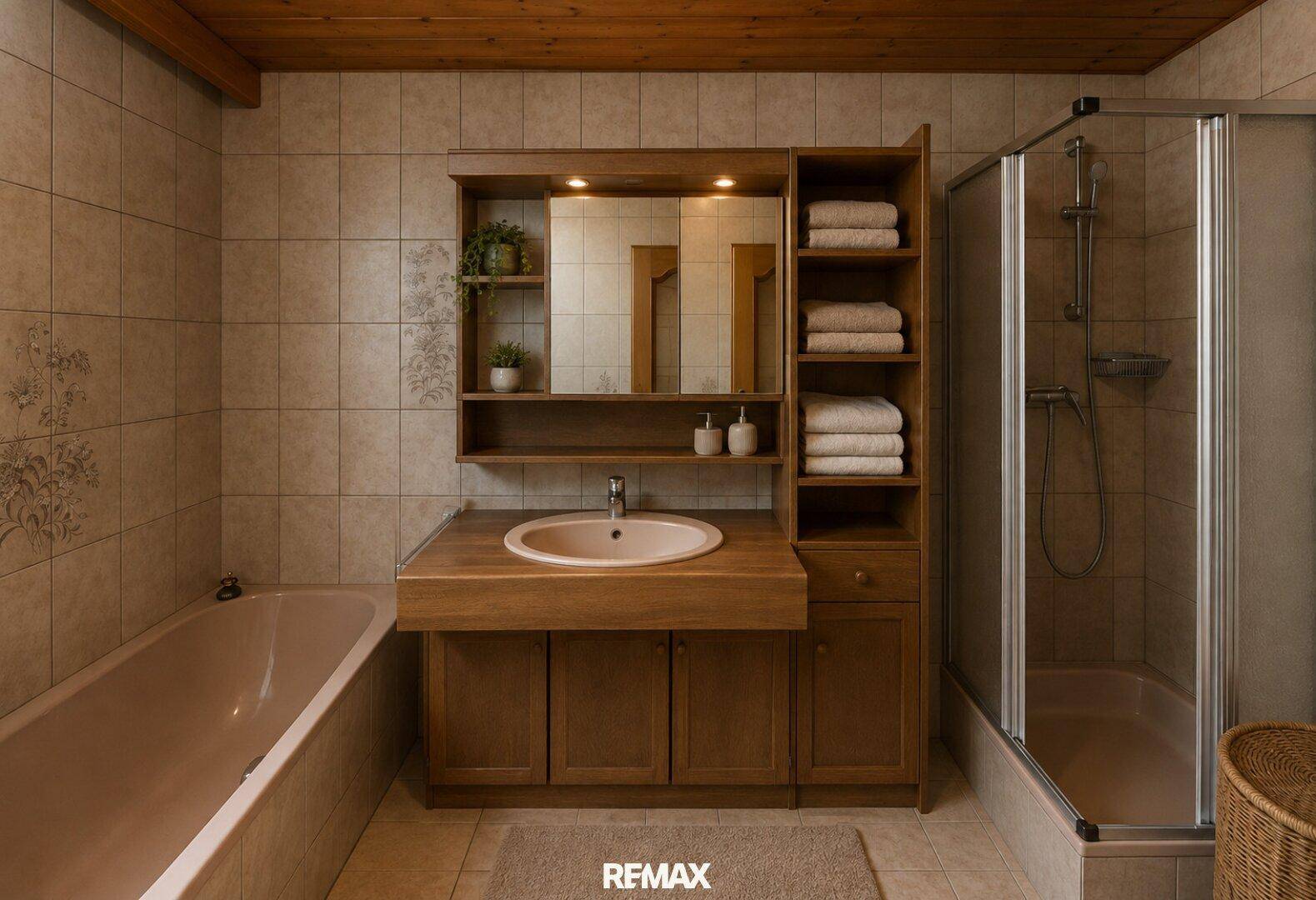 Badezimmer mit Duschkabine, Badewanne, Waschtisch und Spiegelschrank unter Holzdecke.