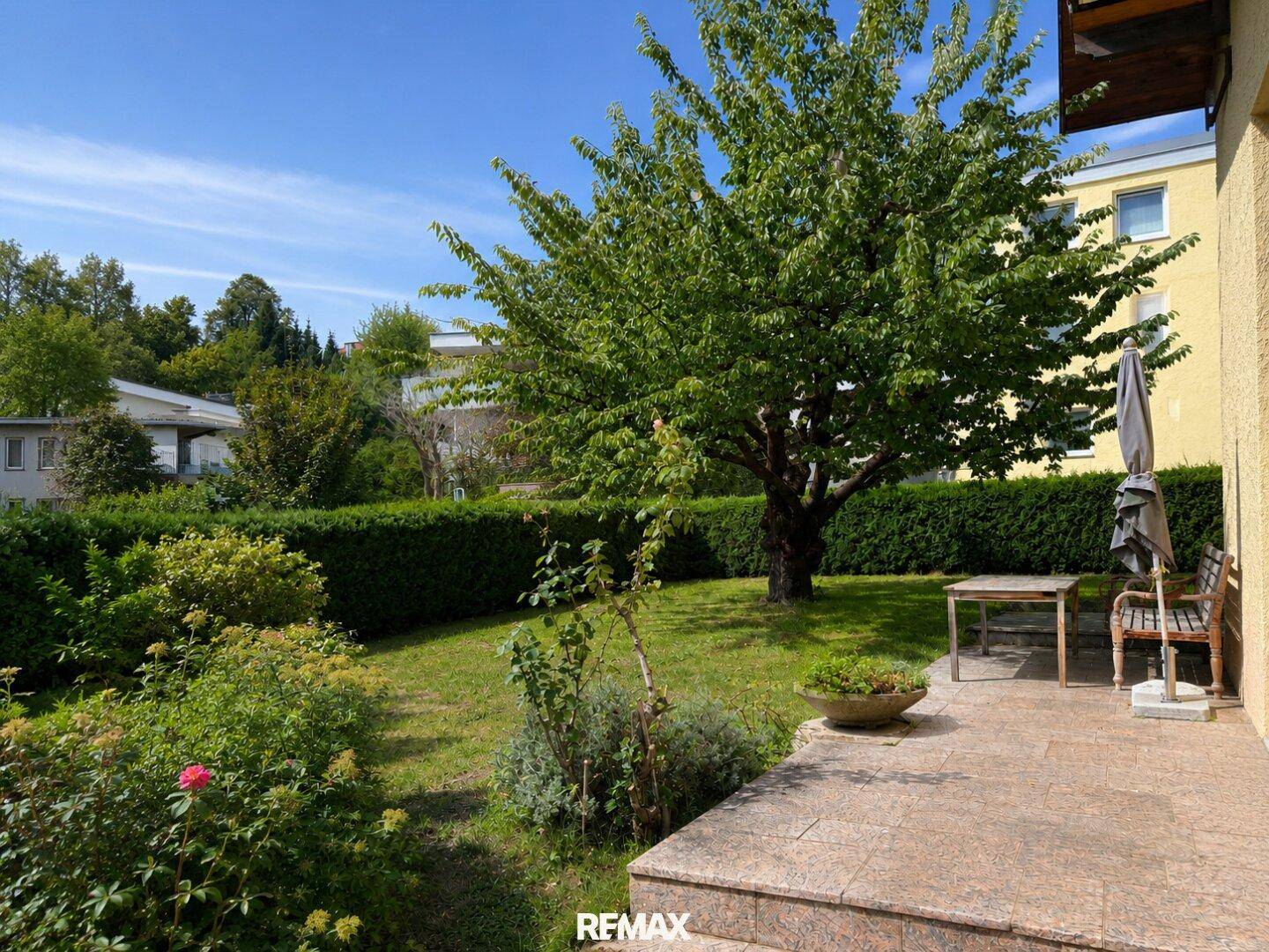 Gepflegter Garten mit Rasenfläche, altem Baum und kleiner Terrasse für entspannte Stunden im Freien.