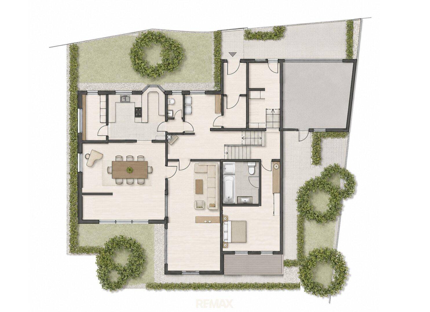 Detaillierter Grundriss eines Hauses mit Garten, Garage und mehreren Wohnbereichen.