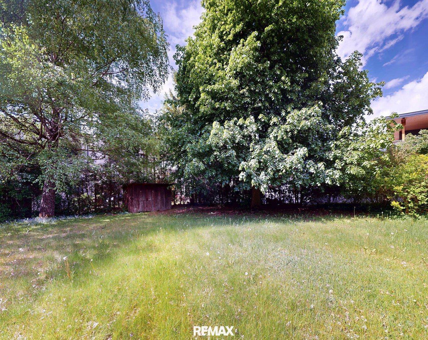 Gepflegter Gartenbereich mit Rasenfläche und üppigen Bäumen, im Hintergrund ein kleiner Holzschuppen.