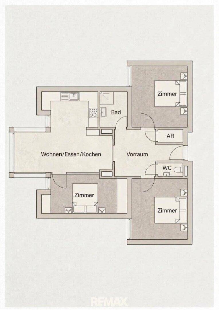 Grundriss einer Wohnung mit offenem Wohn-/Ess-/Kochbereich, drei Zimmern, Bad und separatem WC.