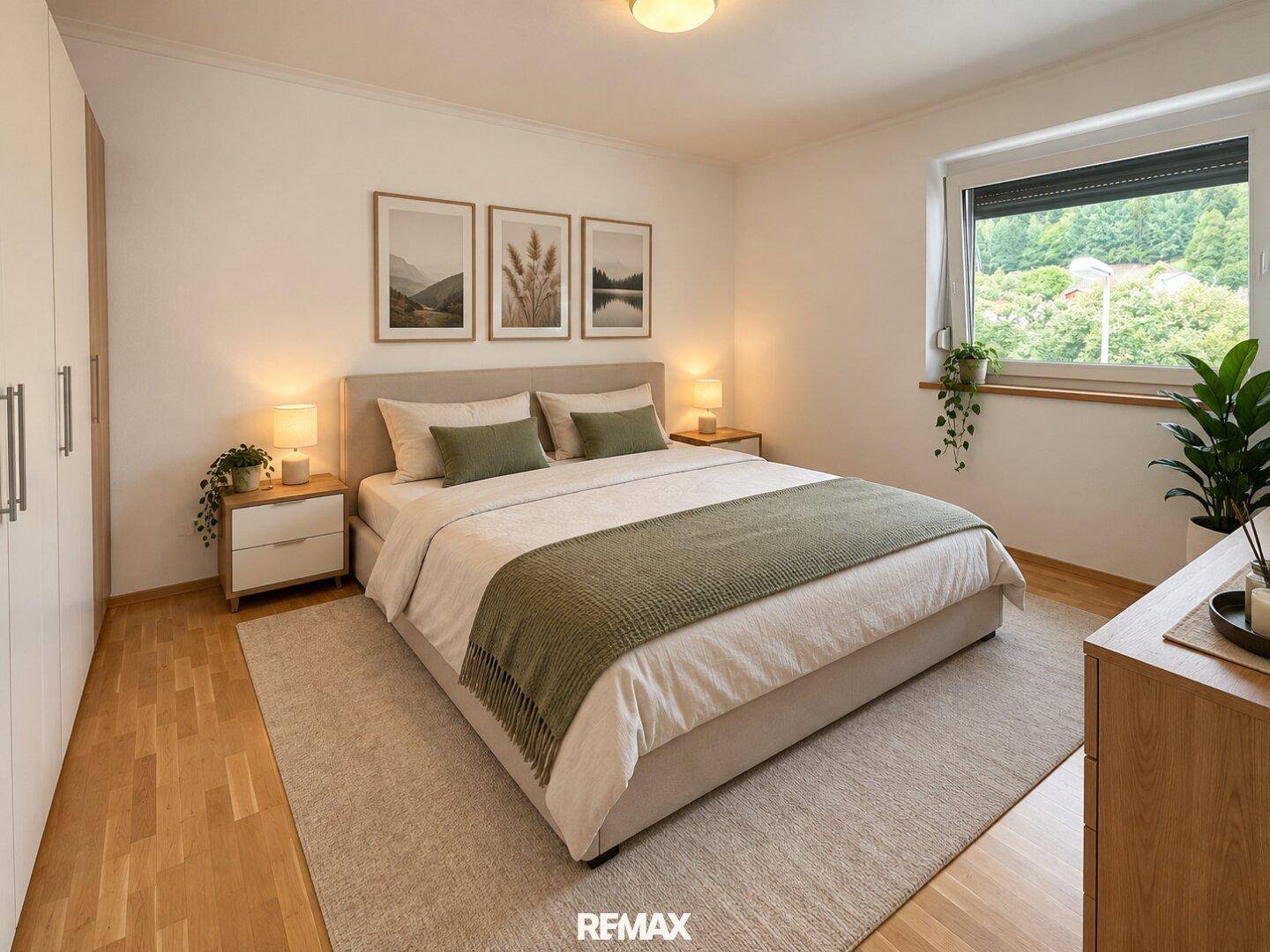 Virtuell eingerichtetes Schlafzimmer mit Doppelbett, Kleiderschrank und Blick ins Grüne.