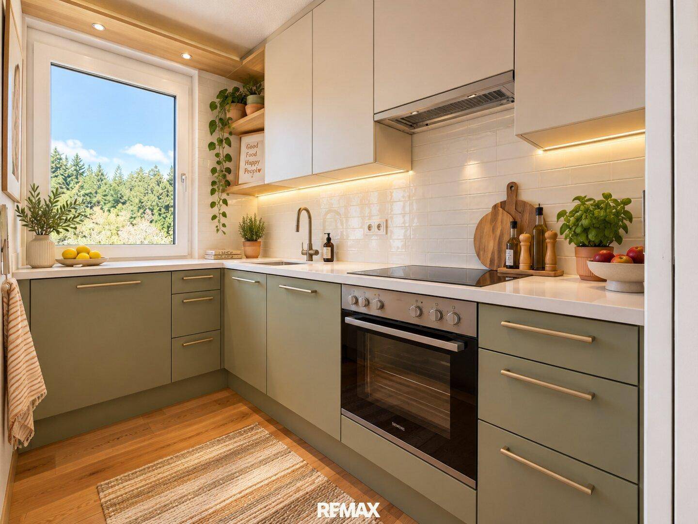 Moderne Küche mit grünen Unterschränken, Holzboden und Fenster mit Blick ins Grüne.