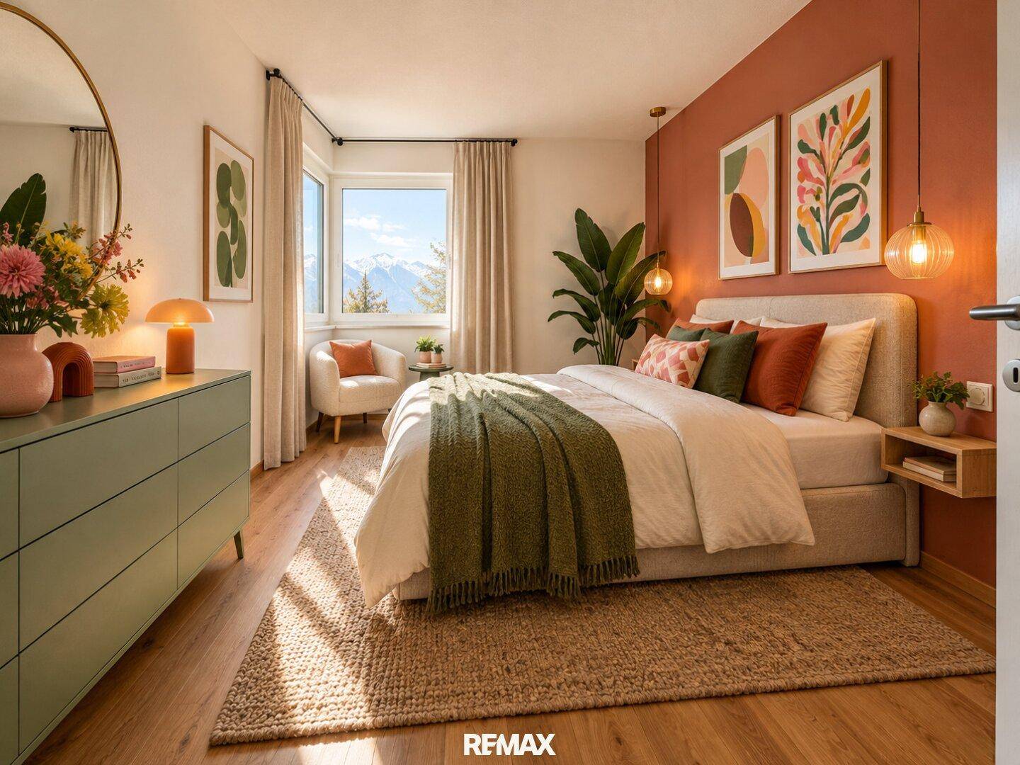 Modern eingerichtetes Schlafzimmer mit farbiger Wand, Holzboden und Bergblick.