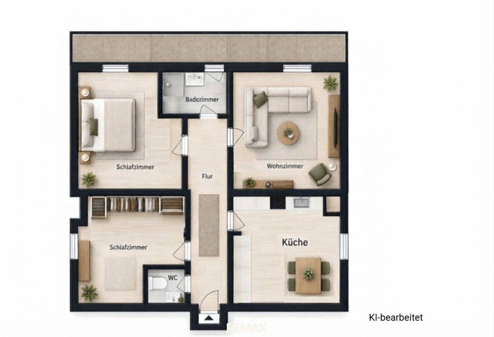 Detaillierter Grundriss einer Wohnung mit zwei Schlafzimmern, Wohnzimmer, Küche und Bad.