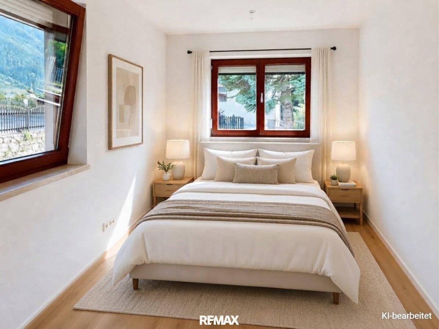 Helles Schlafzimmer mit Doppelbett, Nachttischen und Blick auf Bäume.
