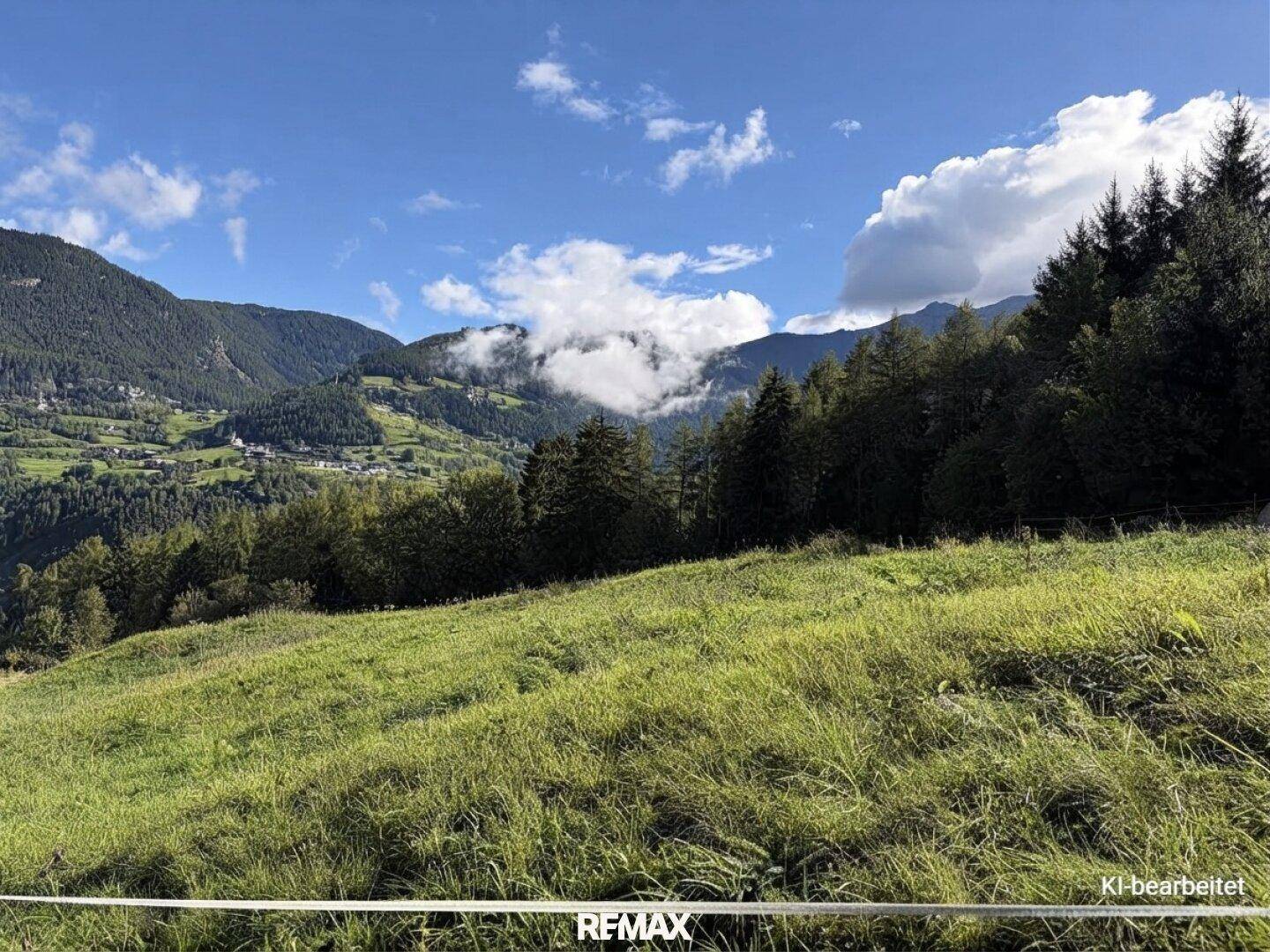 Grüne Hügellandschaft mit Blick auf ein Tal, ferne Häuser und bewölkte Berggipfel.