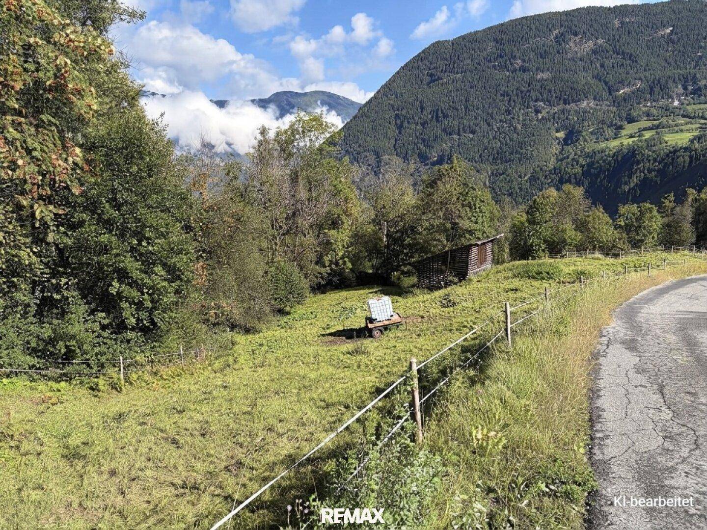 Grüne Fläche neben einer asphaltierten Straße mit Zaun, umgeben von Bäumen und Bergen.