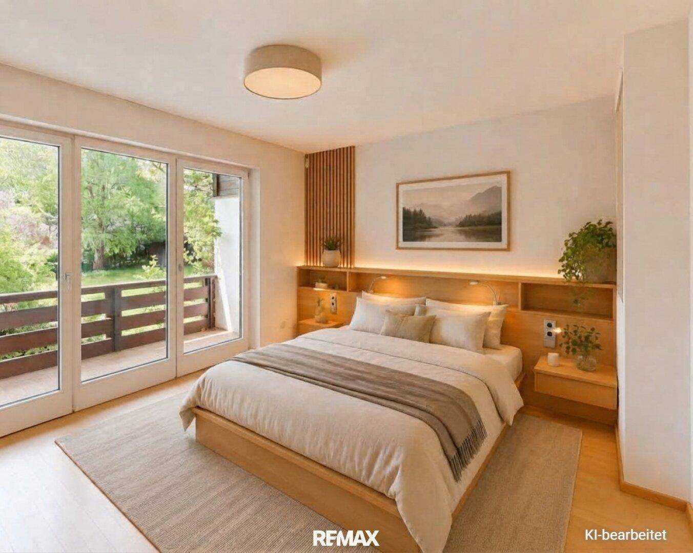 Modernes Schlafzimmer mit Holzbett, integrierten Nachttischen und Zugang zu einem Balkon.