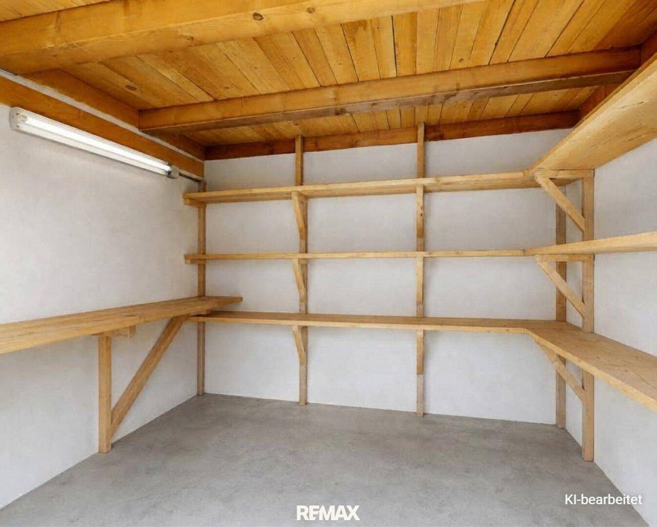 Praktischer Abstellraum mit robusten Holzregalen und sichtbarer Holzbalkendecke.