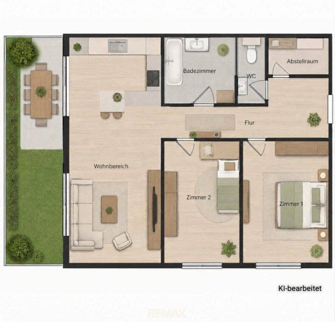 Detaillierter Grundriss einer Wohnung mit Wohnbereich, Küche, zwei Schlafzimmern und Terrasse.