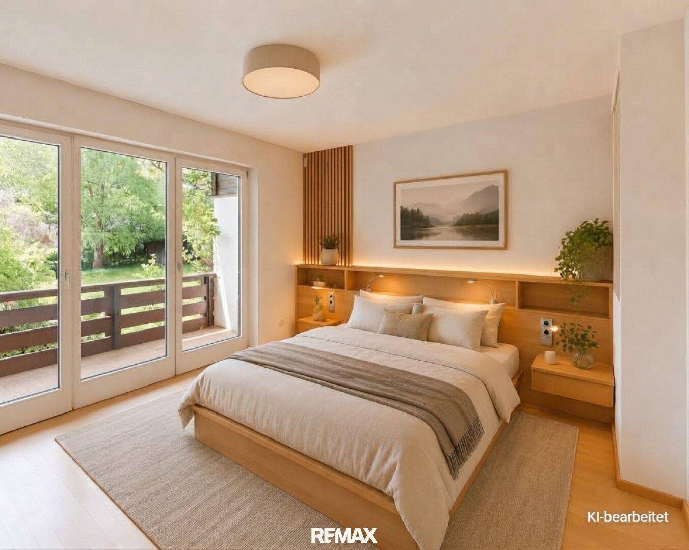 Modernes Schlafzimmer mit großem Bett, integrierter Beleuchtung und Zugang zum Balkon.