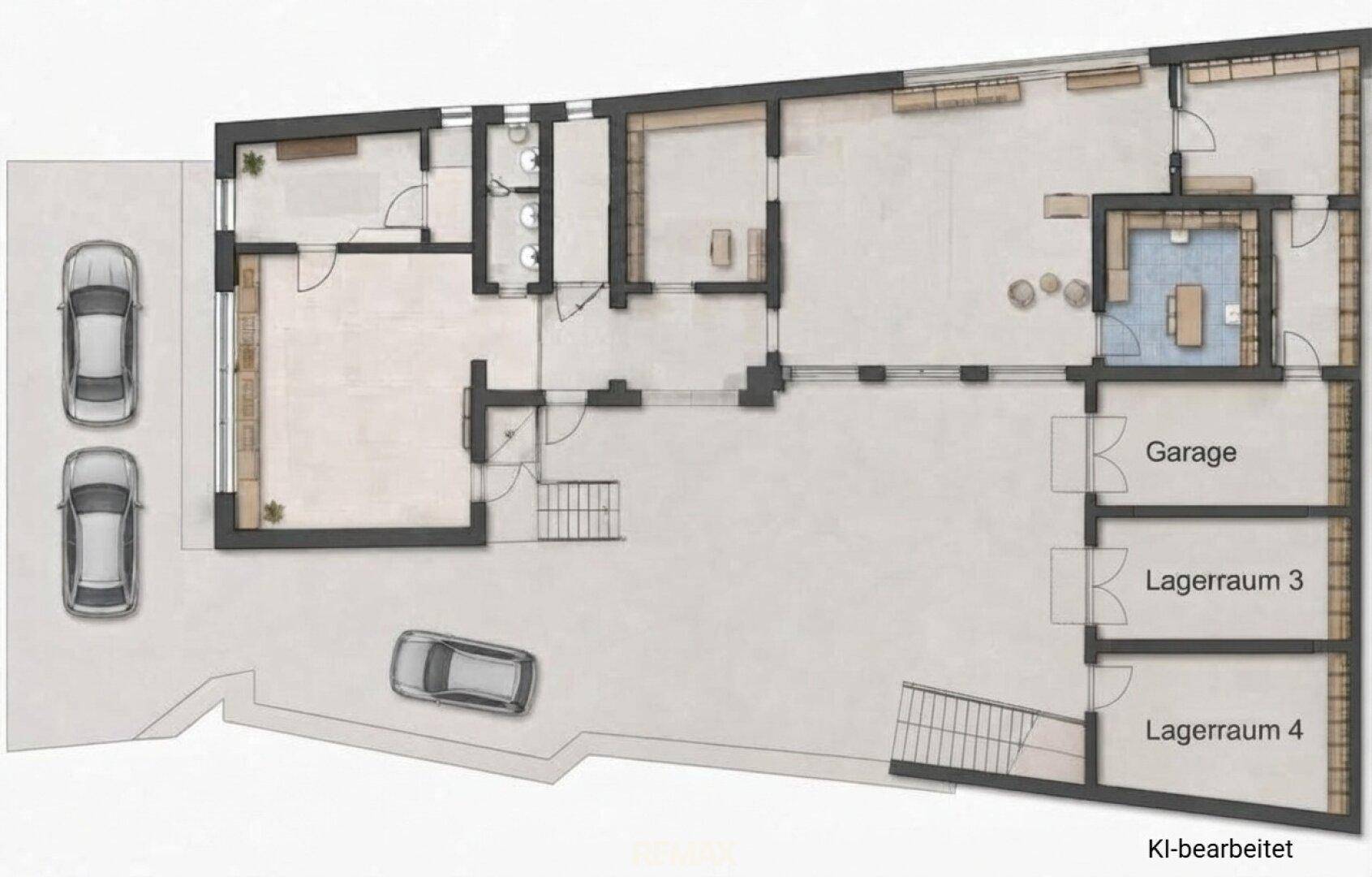 Grundriss zeigt eine Immobilie mit Garage, mehreren Lagerräumen, zwei Bädern und Außenstellplätzen.