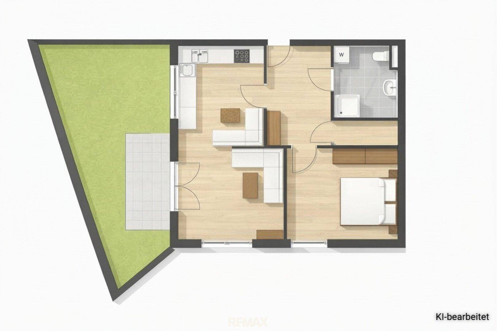 Übersichtlicher Grundriss einer Wohnung mit offenem Wohnbereich und Garten.