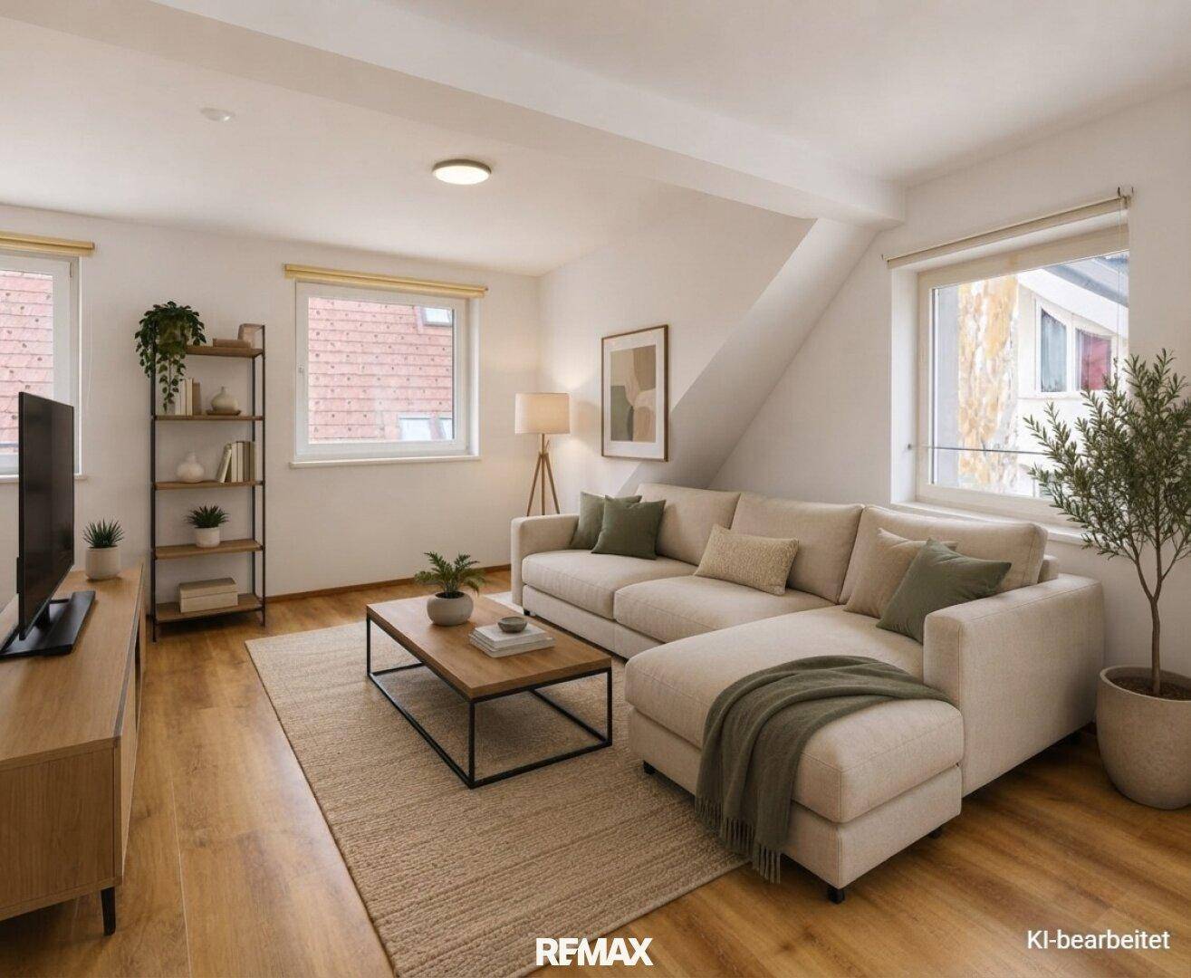Gemütliches Wohnzimmer mit Ecksofa, Couchtisch und Blick auf die Umgebung.