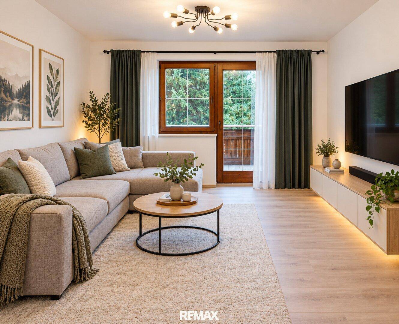 Modernes Wohnzimmer mit hellem Sofa, Holzboden und Zugang zum Balkon mit Blick ins Grüne.